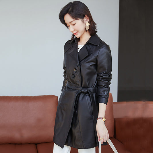 Women's Medium Long Lace Up Slim Leather Coat